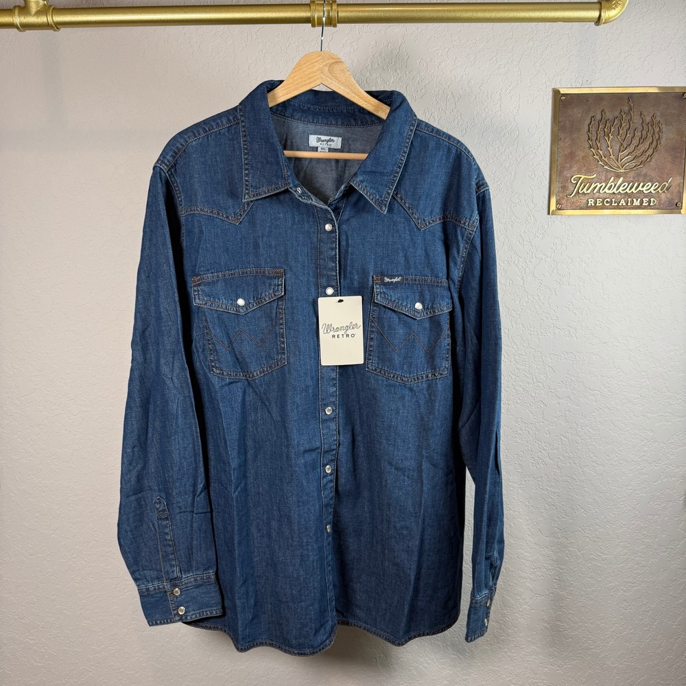 Wrangler Retro Womens 3XL Denim Western Snap Down Shirt Blue NEW